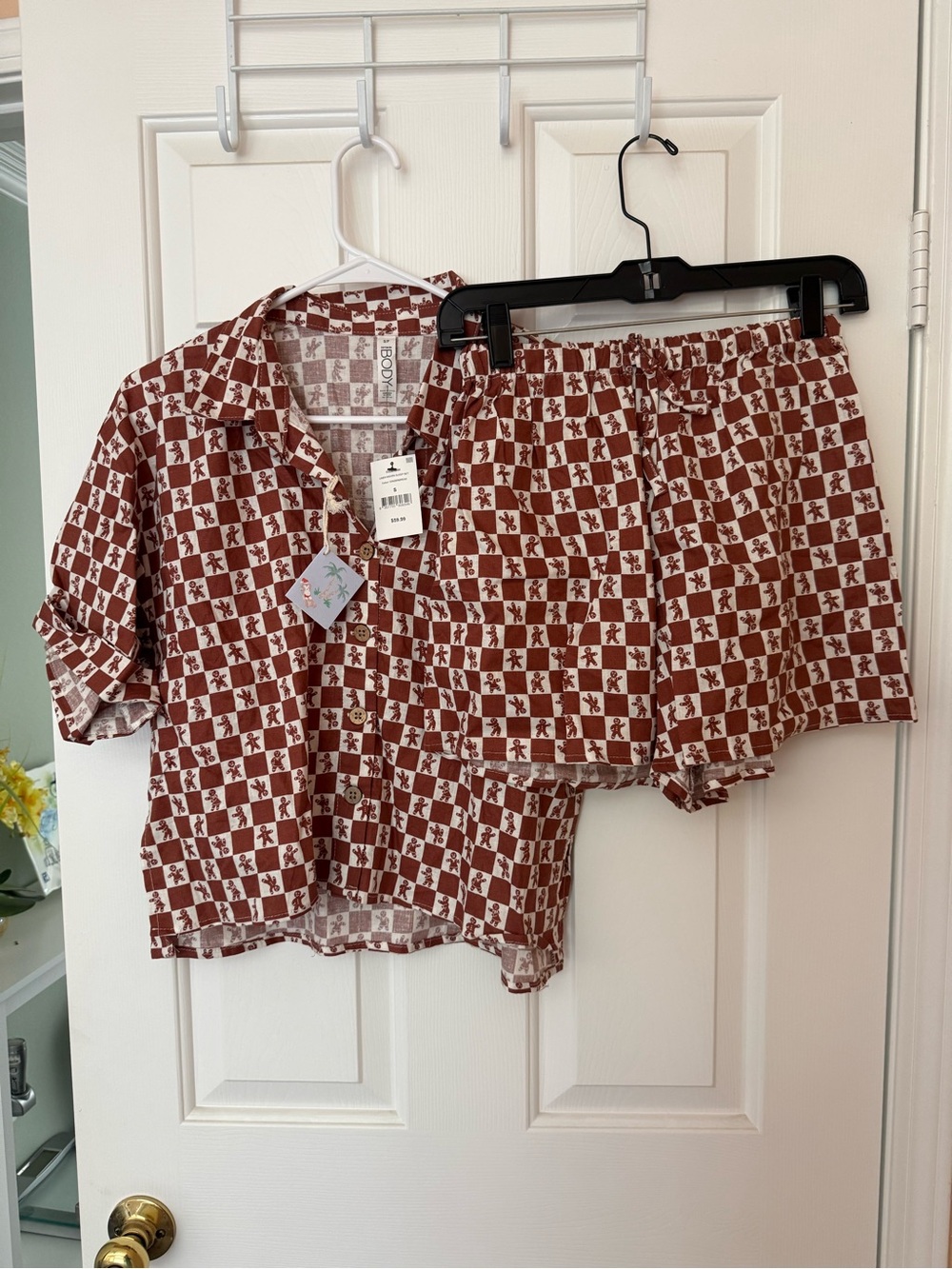 Relaxed Checkered Short Set in Rust and White
